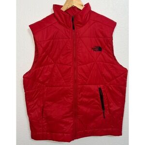 The North Face Mens XL Red Quilted Puffer Vest Geometric Pattern Full Zip Jacket